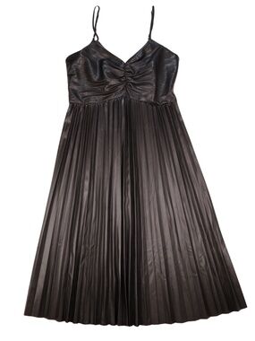 Entro Black Faux Leather Pleated Midi Dress Size Small Ruched Bodice Statement